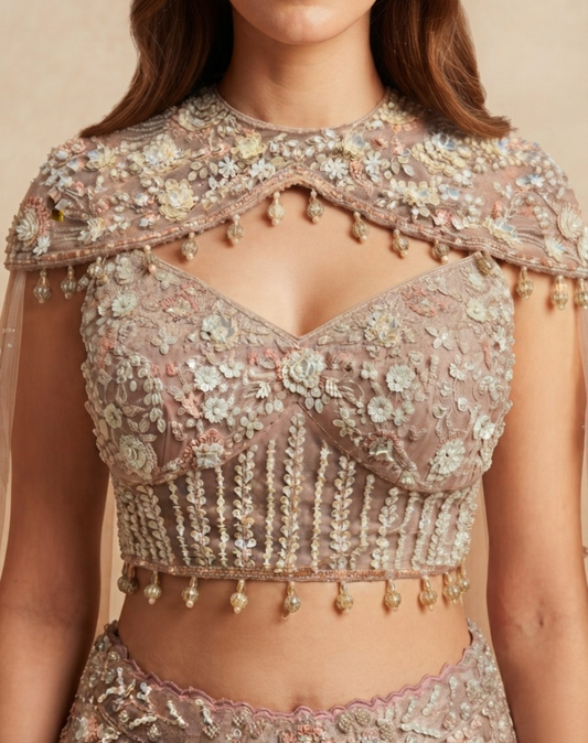Blush Reverie | Pearl & Crystal Embellished Lehenga
