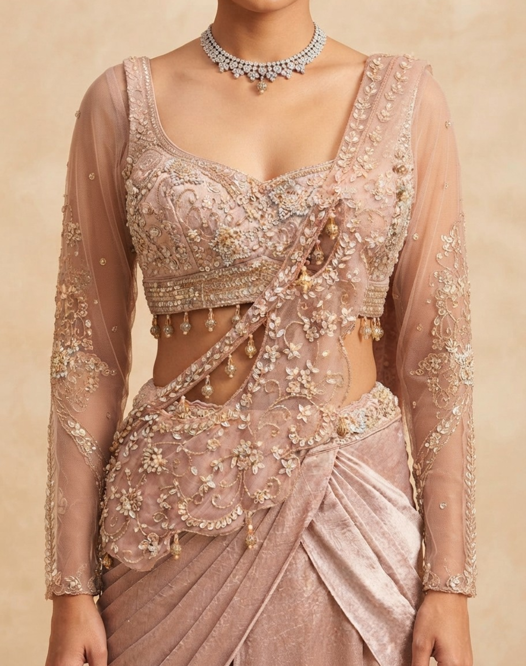 Dusty Rose Embellished Draped Skirt & Blouse Set