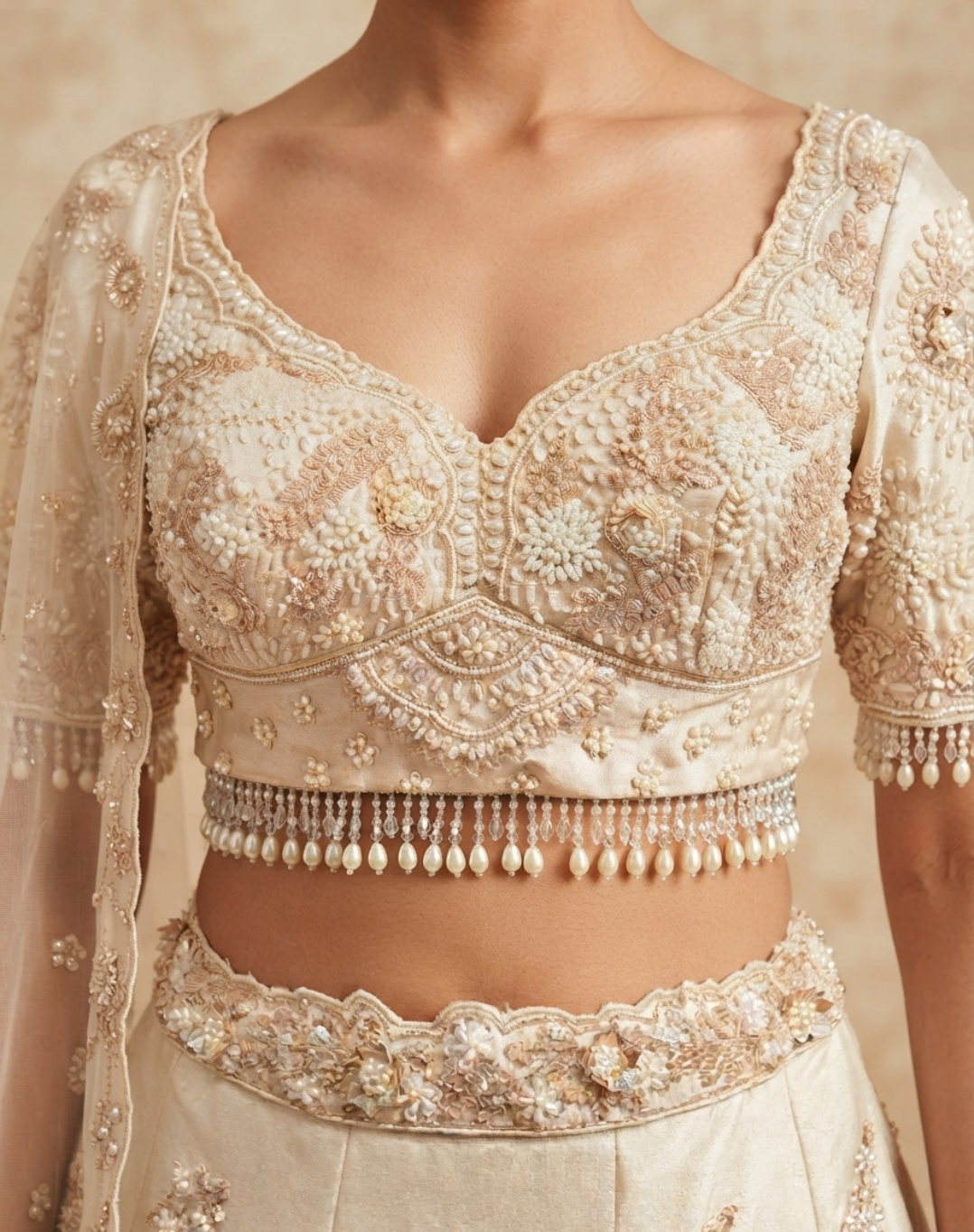 Ivory Bloom | Pearl & Crystal Embellished Tissue Lehenga