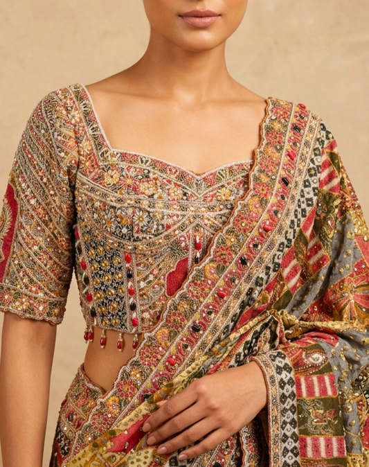 Handcrafted Dabka & Zardosi Tissue Saree with Heritage Art Print