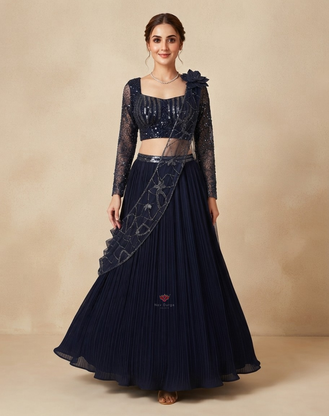 Midnight Bloom | Cutdana & Stone Embellished Navy Blue Georgette Lehenga