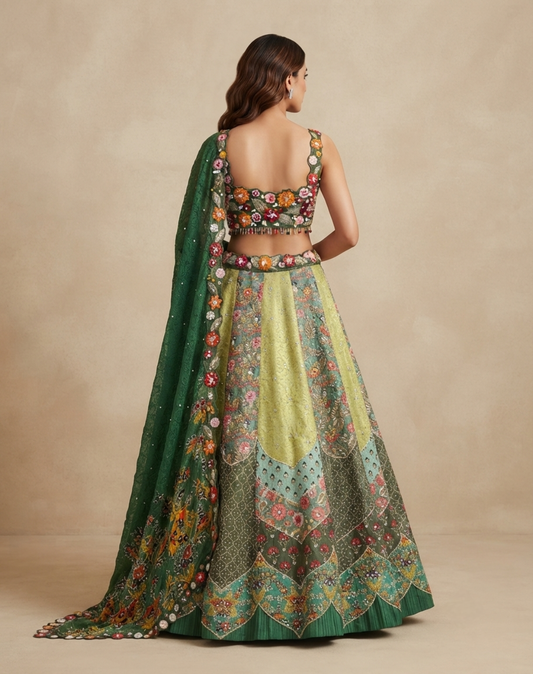 Verdant Bloom | Floral Embroidered Tissue Lehenga