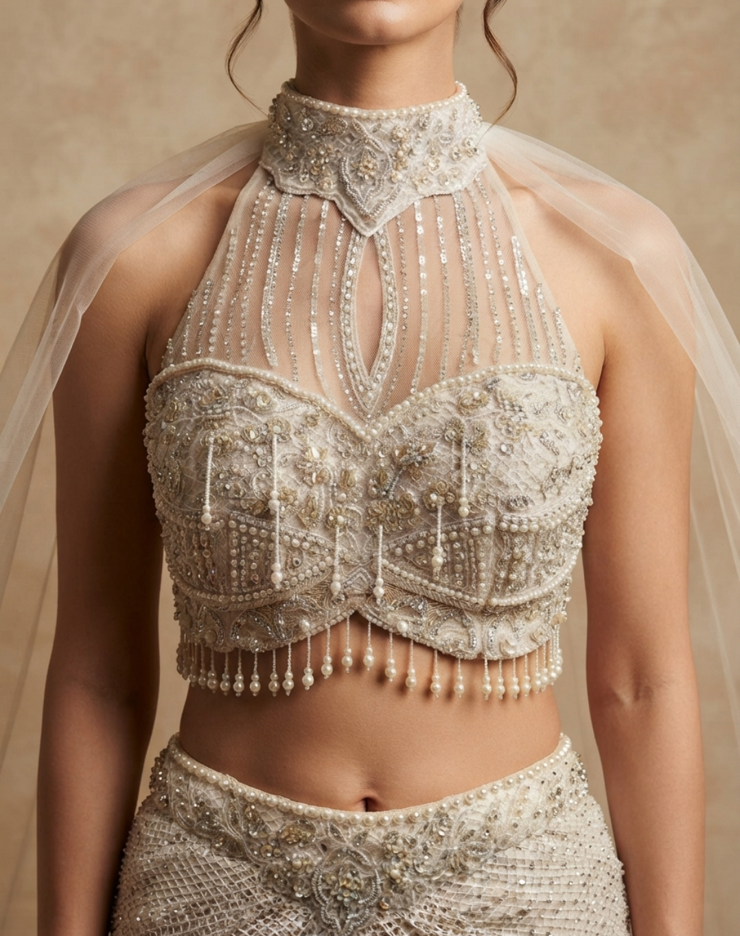 Pearl White Embellished Draped Skirt Set