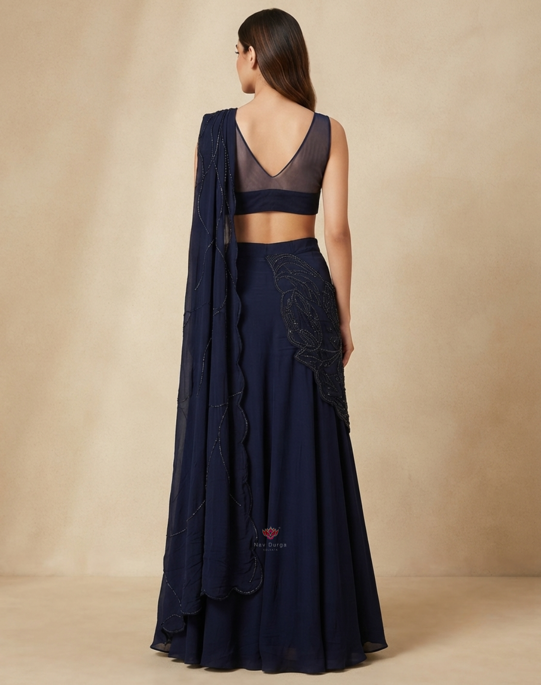 Midnight Allure | Beaded & Crystal Embellished Navy Blue Indo-Western Set