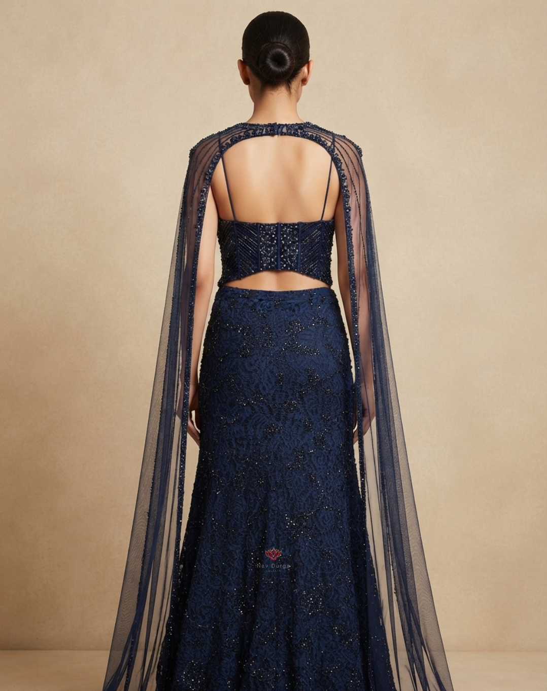 Midnight Muse | Beaded & Crystal Embellished Navy Blue Indo-Western Set