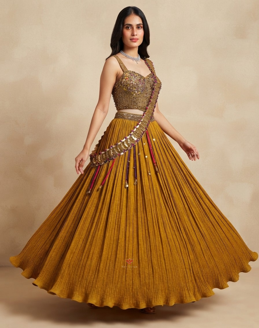 Sunehri Noor | Zari & Mirror Work Mustard Tissue Lehenga