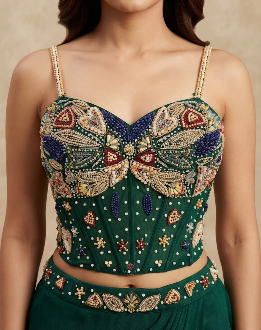 Emerald Muse | Pearl & Mirror Embellished Chinon Saree