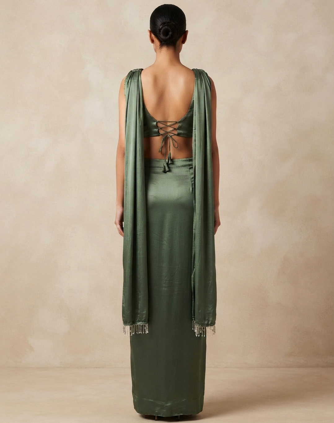 Olive Green Draped Indo-Western Set with Embellished Blouse