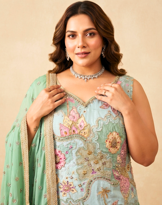 Seafoam Mint Floral Embroidered Crepe Sharara Suit Set
