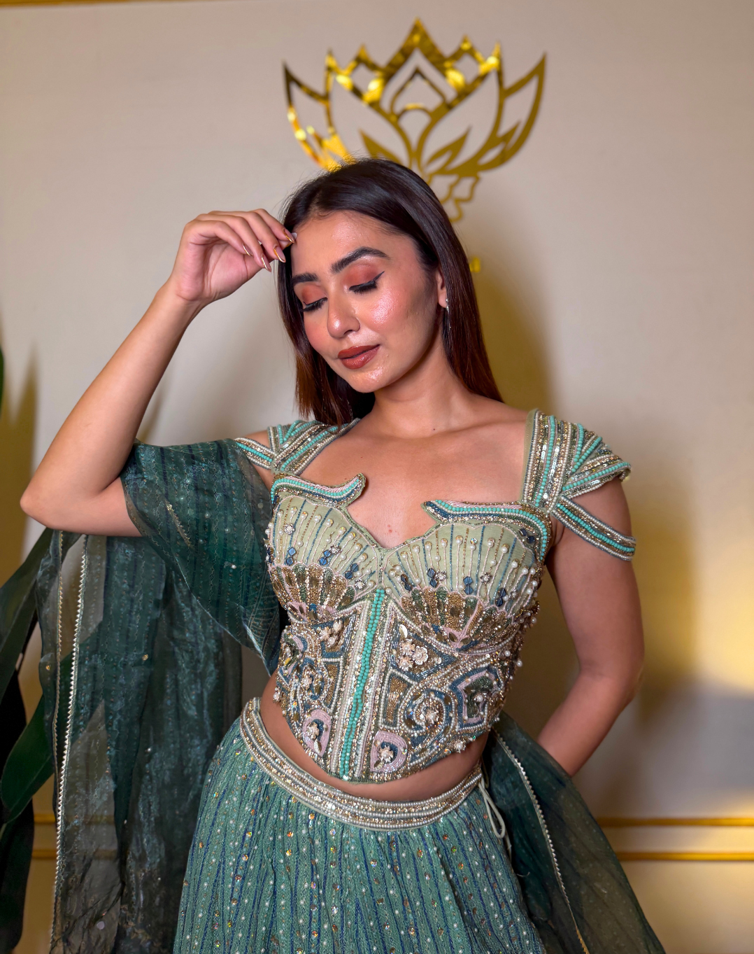 Emerald Aura | Embellished Organza Lehenga Set