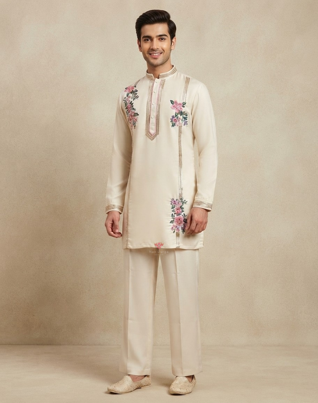 Floral Charm | Sequin, Bead & Thread Embroidered Men's Indo-Western Kurta Set