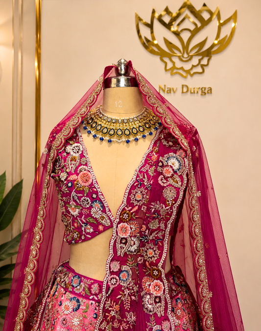 Royal Bloom | Hand-Embroidered Raw Silk Bridal Lehenga