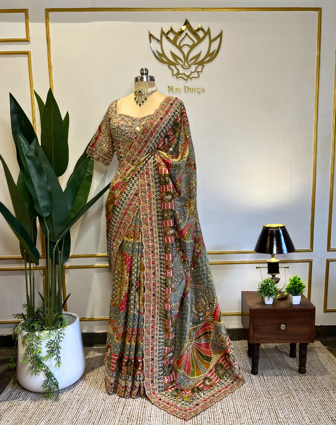 Handcrafted Dabka & Zardosi Tissue Saree with Heritage Art Print