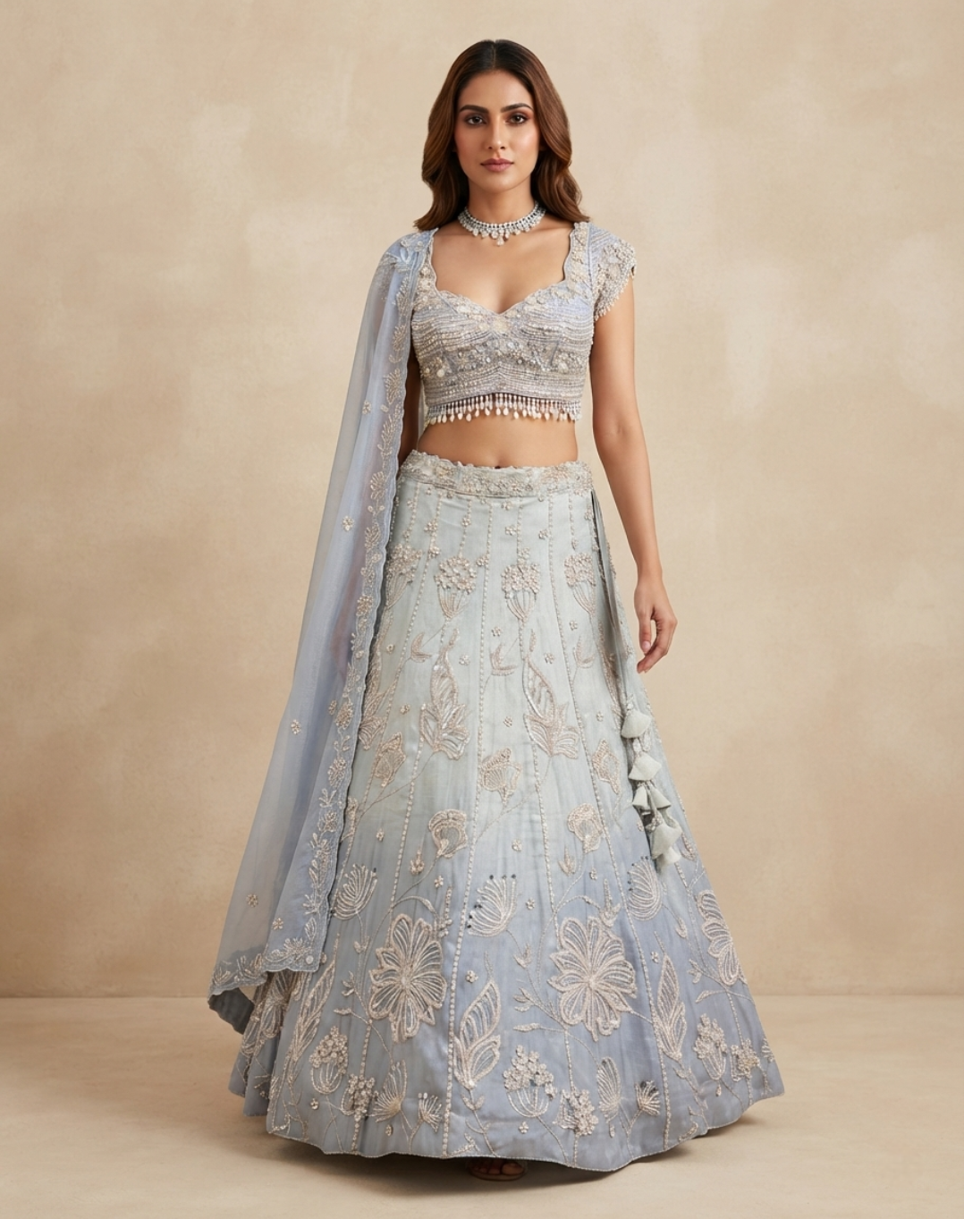 Frosted Bloom | Powder Blue Floral Embroidered Lehenga