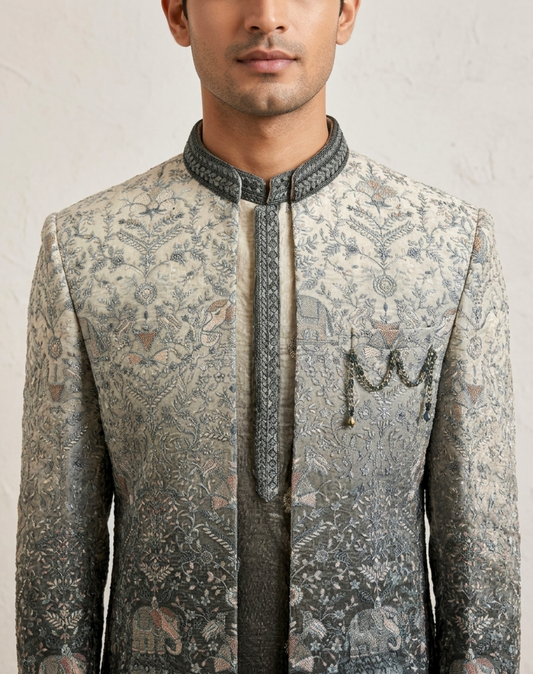 Royal Elephant Motif Velvet Indo-Western Set with Ombre Embroidery