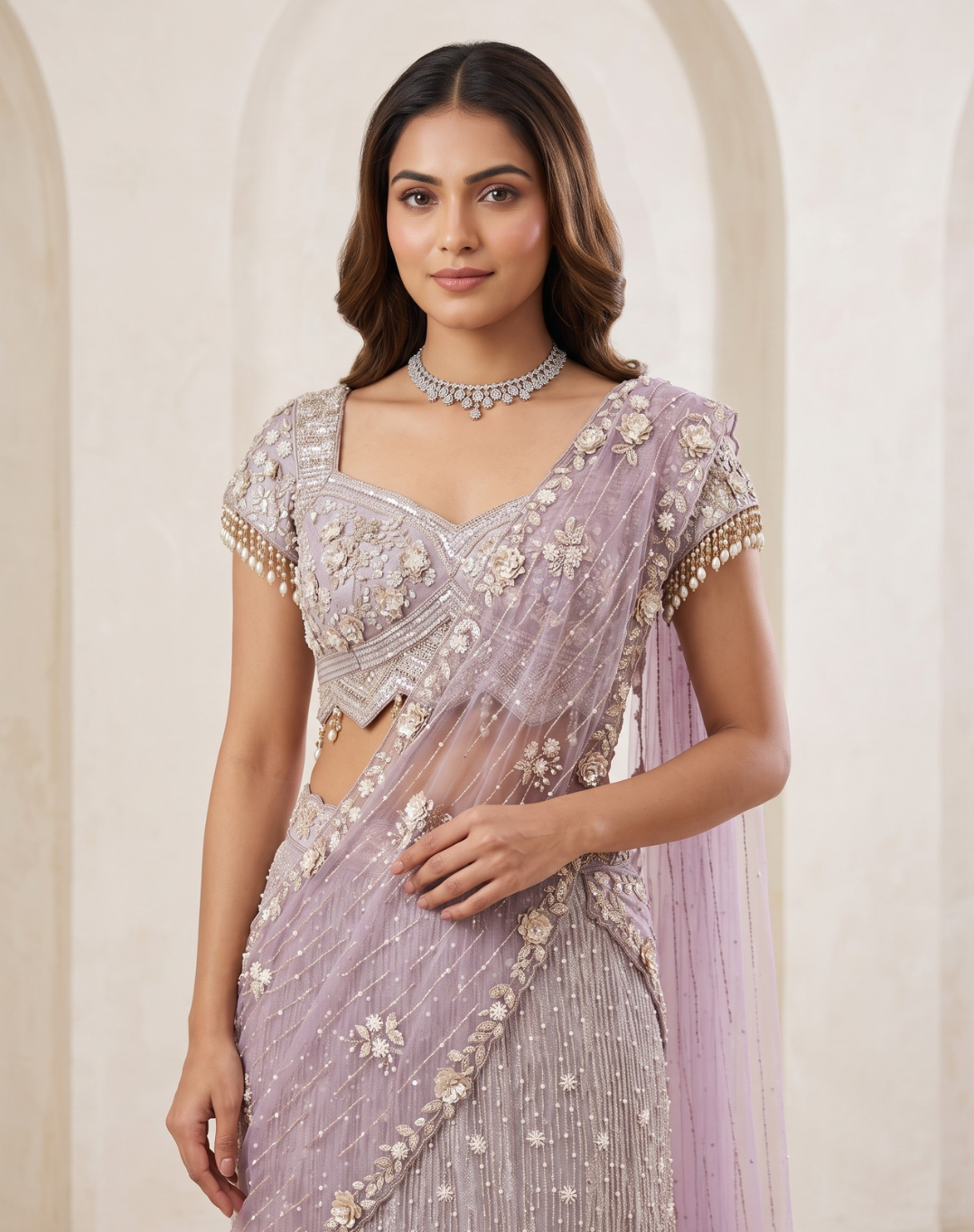 Lavender Lattice | Pearl & Thread Embellished Lehenga