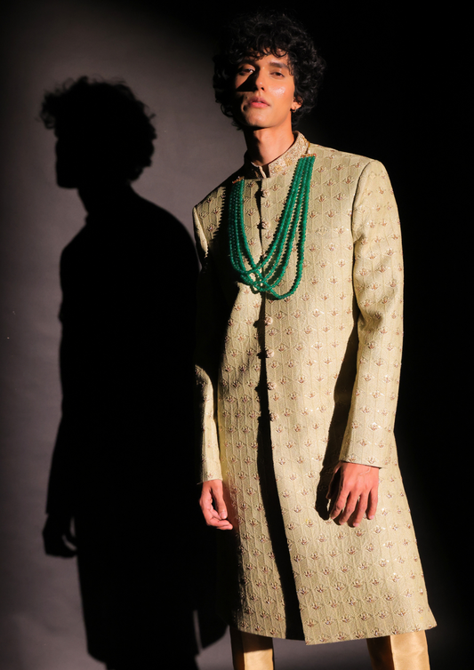 Tea Green Chikankari Work Sherwani Paired With Pajama