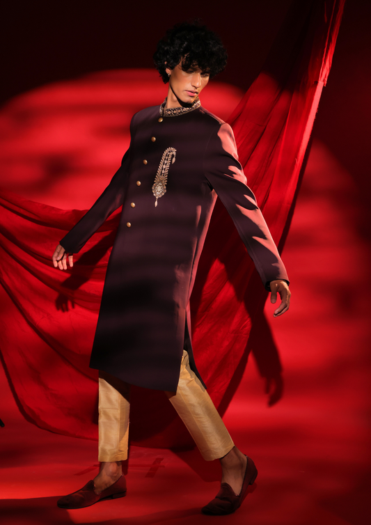 Portuguese Wine Color Sherwani Paired With Pajama