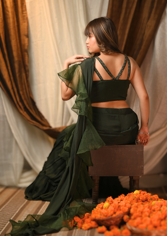 Green Ruffle Pant Style Saree