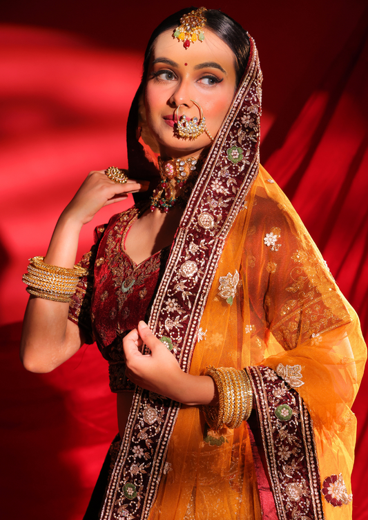 Maroon and Mustard Gold Bridal Lehenga Set