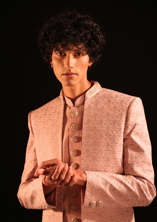 Rose Quartz Color Chikankari Sherwani paired with pajama