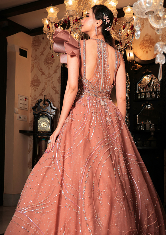Rose Gold Gown with Ruffle Sleeves