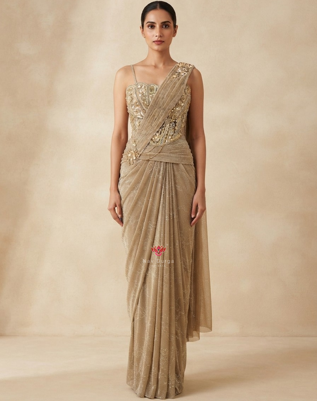 Champagne Reverie | Crystal & 3D Floral Draped Saree