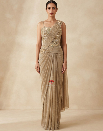 Champagne Reverie | Crystal & 3D Floral Draped Saree