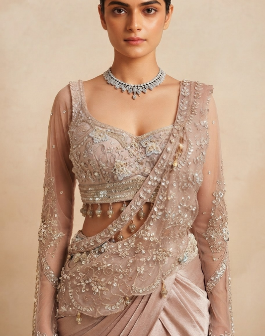 Dusty Rose Embellished Draped Skirt & Blouse Set