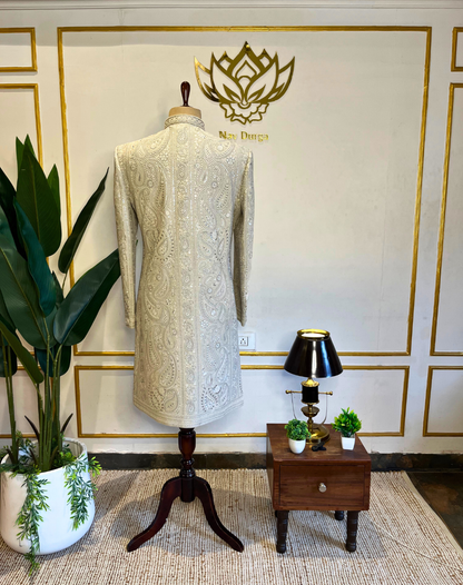 Ivory Resham & Cutdana Embroidered Sherwani