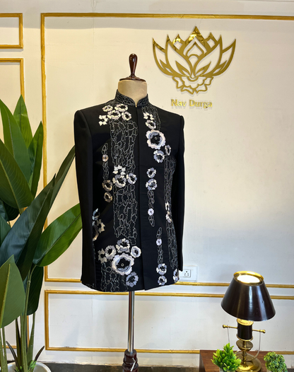 Black Orchid Embroidered Silk Indo-Western Set