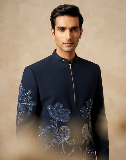 Midnight Bloom Embroidered Bandhgala Set