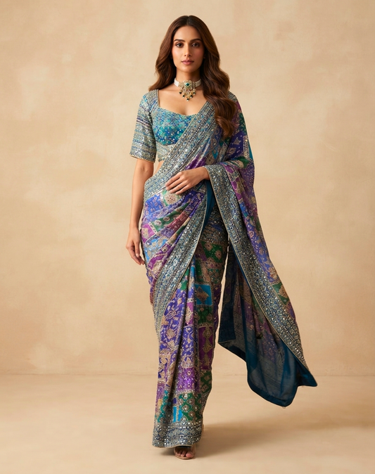 Royal Mosaic | Mirror & Zari Embellished Georgette Saree