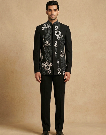 Black Orchid Embroidered Silk Indo-Western Set