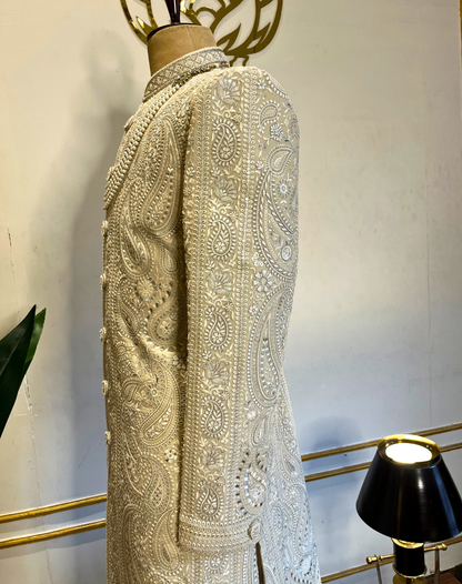 Ivory Resham & Cutdana Embroidered Sherwani