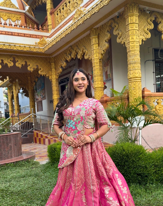Rani Pink Bamber Silk Lehenga with Peacock Drape