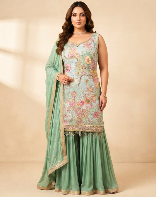 Seafoam Mint Floral Embroidered Crepe Sharara Suit Set