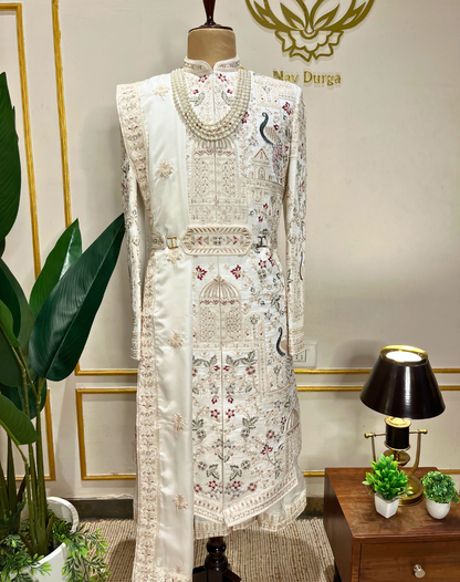 Ivory Heritage Hand-Embroidered Bamber Silk Sherwani Set