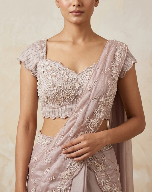 Moonlit Mauve Draped Saree with Pearl-Embroidered Blouse