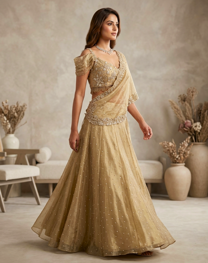 Champagne Gold Kashmiri Drape Skirt & Blouse Set