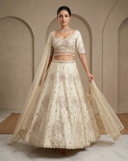 Petal Lumière | Cutdana, Mirror & Floral Embellished Lehenga