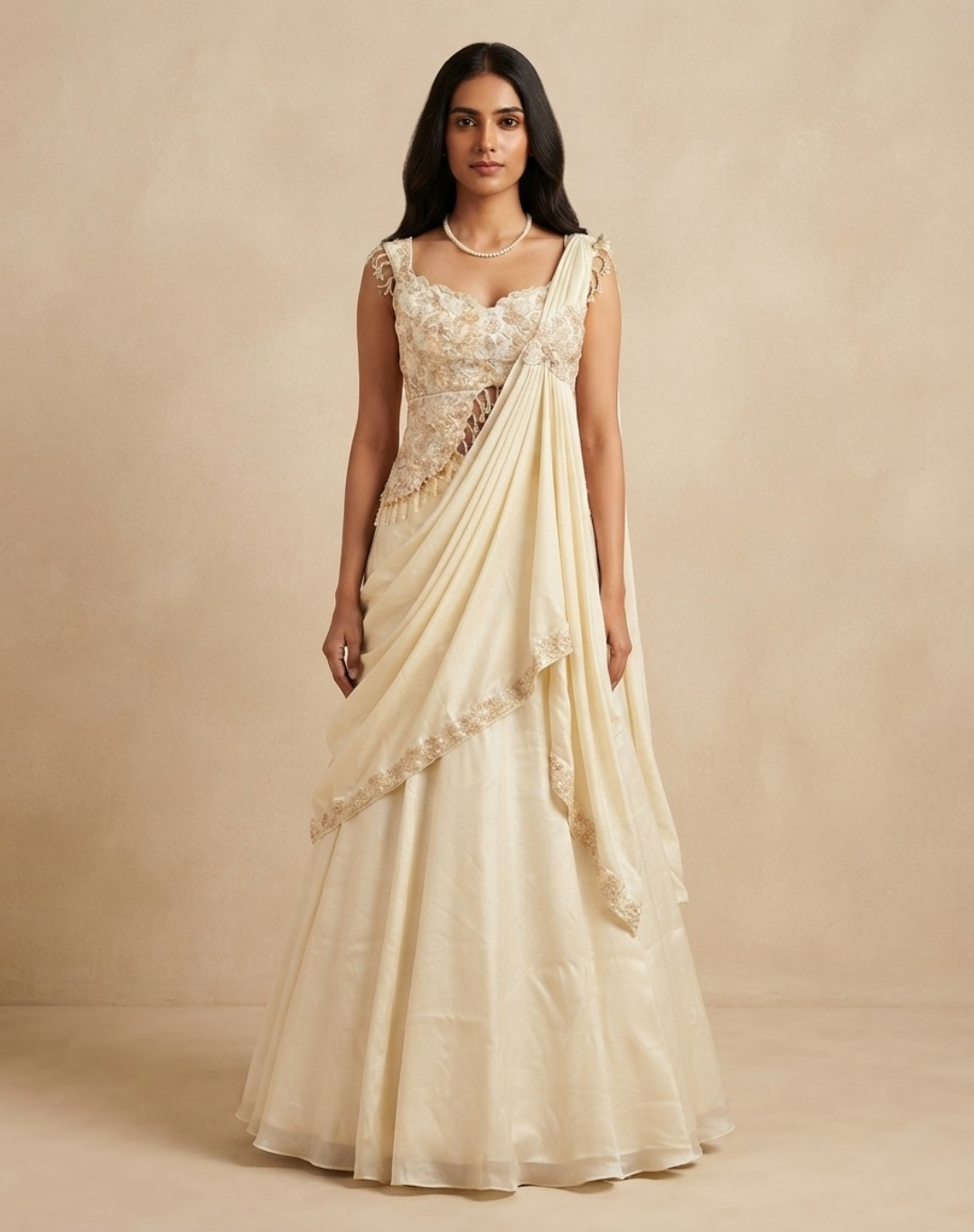 Pearl Drape | Embellished Blouse & Flowing Draped Skirt Set
