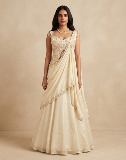 Pearl Drape | Embellished Blouse & Flowing Draped Skirt Set