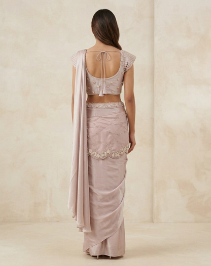 Moonlit Mauve Draped Saree with Pearl-Embroidered Blouse
