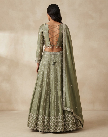 Sage Mist | Mirror & Cutdana Embellished Kanjivaram Lehenga