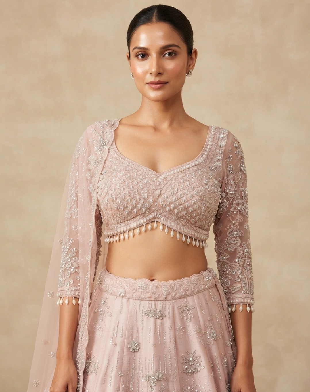 Rosé Veil | Zari & Cutdana Embroidered Lehenga