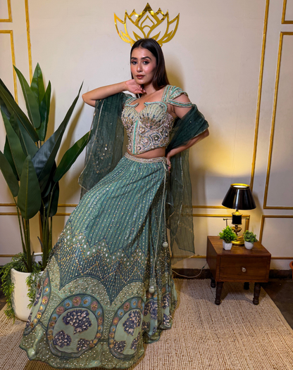 Emerald Aura | Embellished Organza Lehenga Set