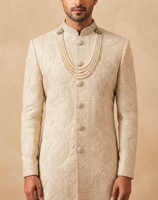 Ivory Resham & Cutdana Embroidered Sherwani