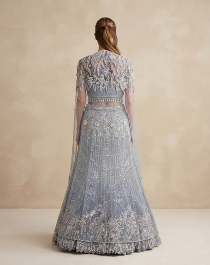 Icy Bloom | Pearl & Cutdana Embellished Kanjivaram Lehenga