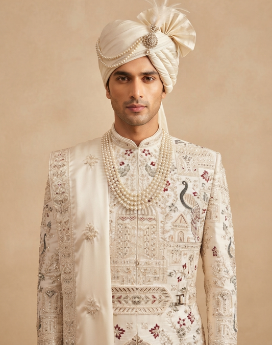 Ivory Heritage Hand-Embroidered Bamber Silk Sherwani Set